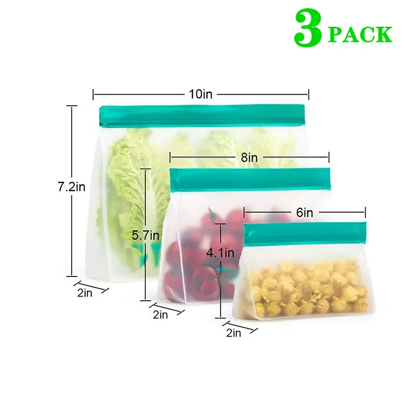 Sac de conservation alimentaire réutilisable en PEVA et silicone, étanche, à fermeture zippée et tenue debout, compatible congélateur 8