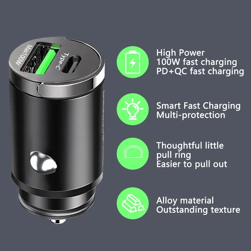 Chargeur de voiture compact 100 W à charge rapide, USB-C PD et QC 3.0, compatible iPhone, Xiaomi, Samsung et Huawei 5