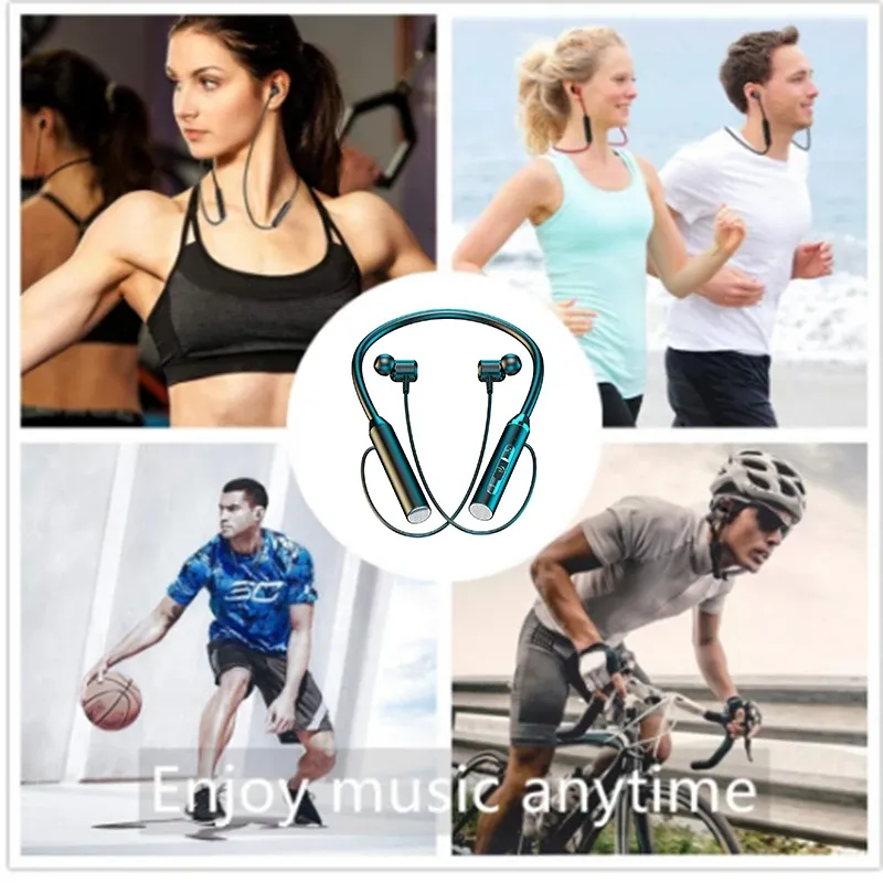 Écouteurs sans fil Bluetooth, tour de cou, casque sport stéréo gaming, oreillettes magnétiques étanches avec affichage LED 5