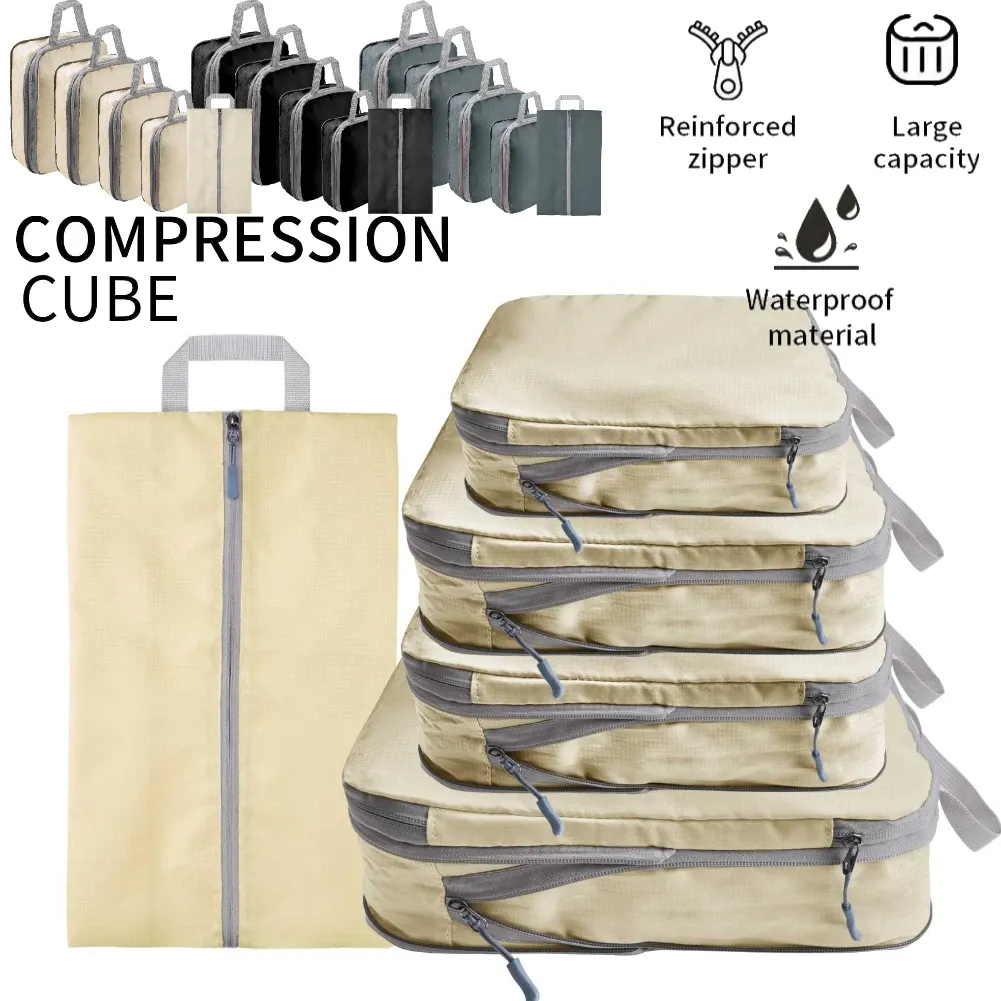 Lot de 5 cubes de compression de voyage imperméables et légers pour bagages - Image 1
