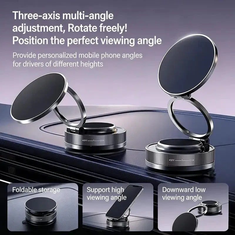 Support magnétique pour téléphone de voiture à rotation 360°, pliable et réglable, fixation par ventouse pour tableau de bord ou pare-brise 3