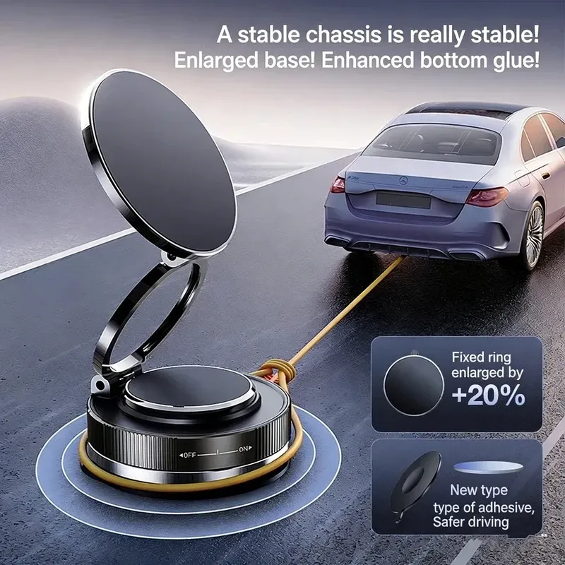 Support magnétique pour téléphone de voiture à rotation 360°, pliable et réglable, fixation par ventouse pour tableau de bord ou pare-brise 4