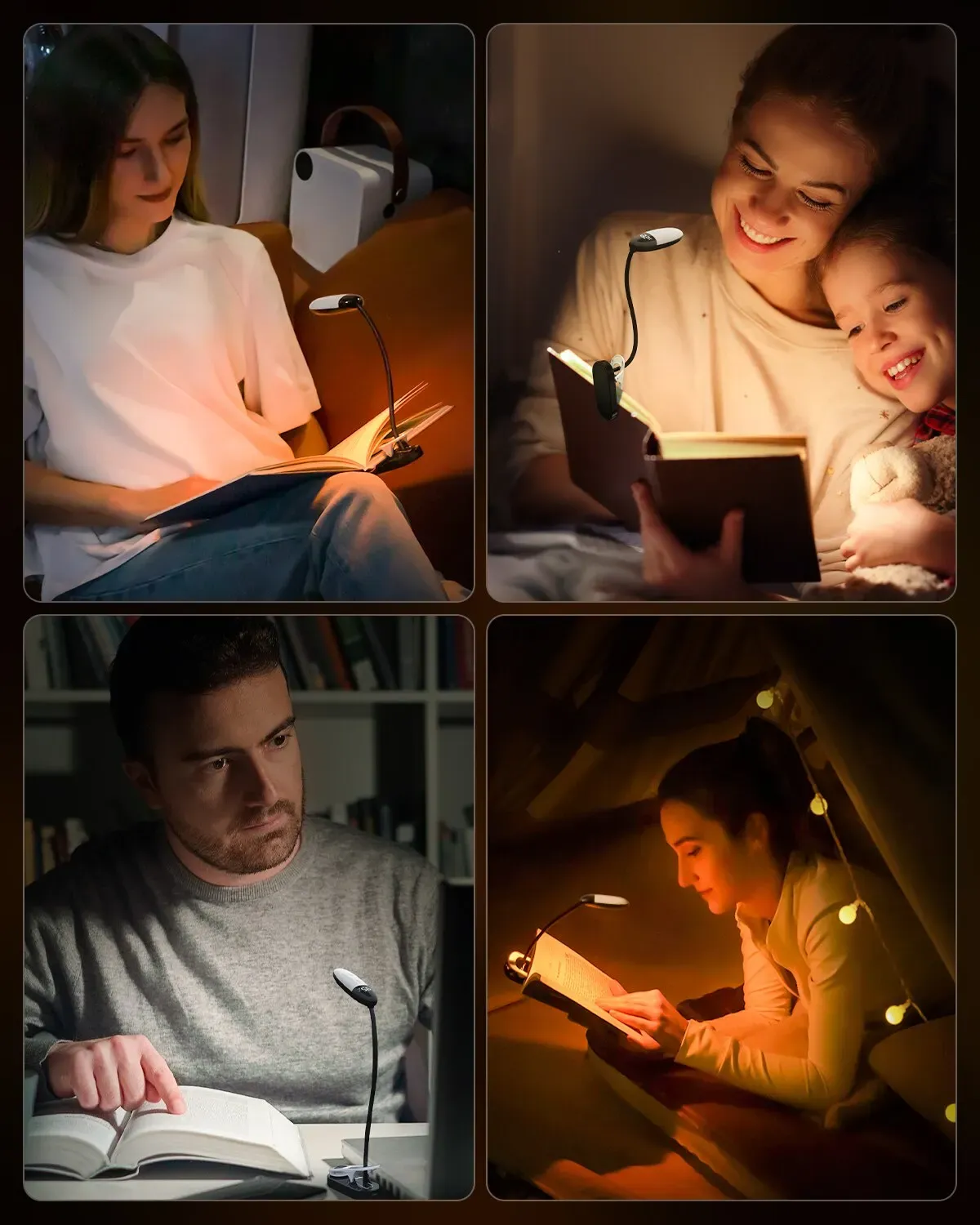 Mini lampe de lecture LED à pince, 3 couleurs, 5 niveaux de luminosité, fonctionnement sur batterie, col flexible, lampe de chevet pour le lit 3