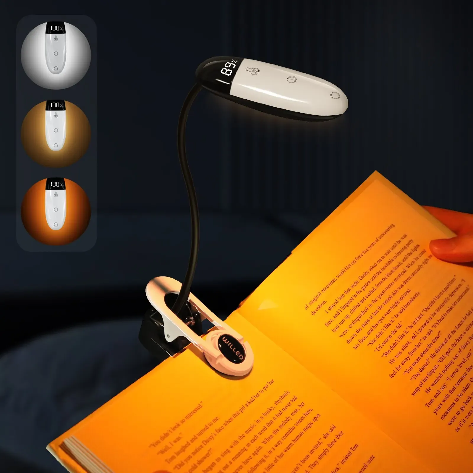 Mini lampe de lecture LED à pince, 3 couleurs, 5 niveaux de luminosité, fonctionnement sur batterie, col flexible, lampe de chevet pour le lit 2