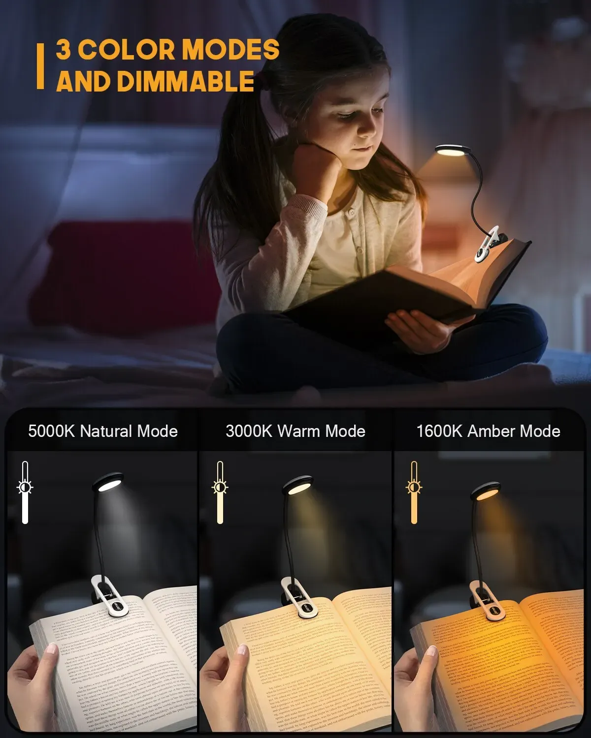 Mini lampe de lecture LED à pince, 3 couleurs, 5 niveaux de luminosité, fonctionnement sur batterie, col flexible, lampe de chevet pour le lit 4