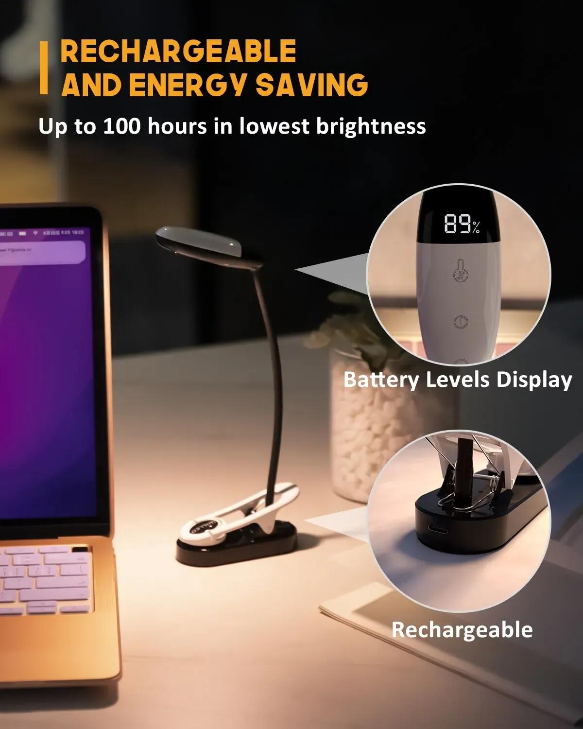 Mini lampe de lecture LED à pince, 3 couleurs, 5 niveaux de luminosité, fonctionnement sur batterie, col flexible, lampe de chevet pour le lit 5