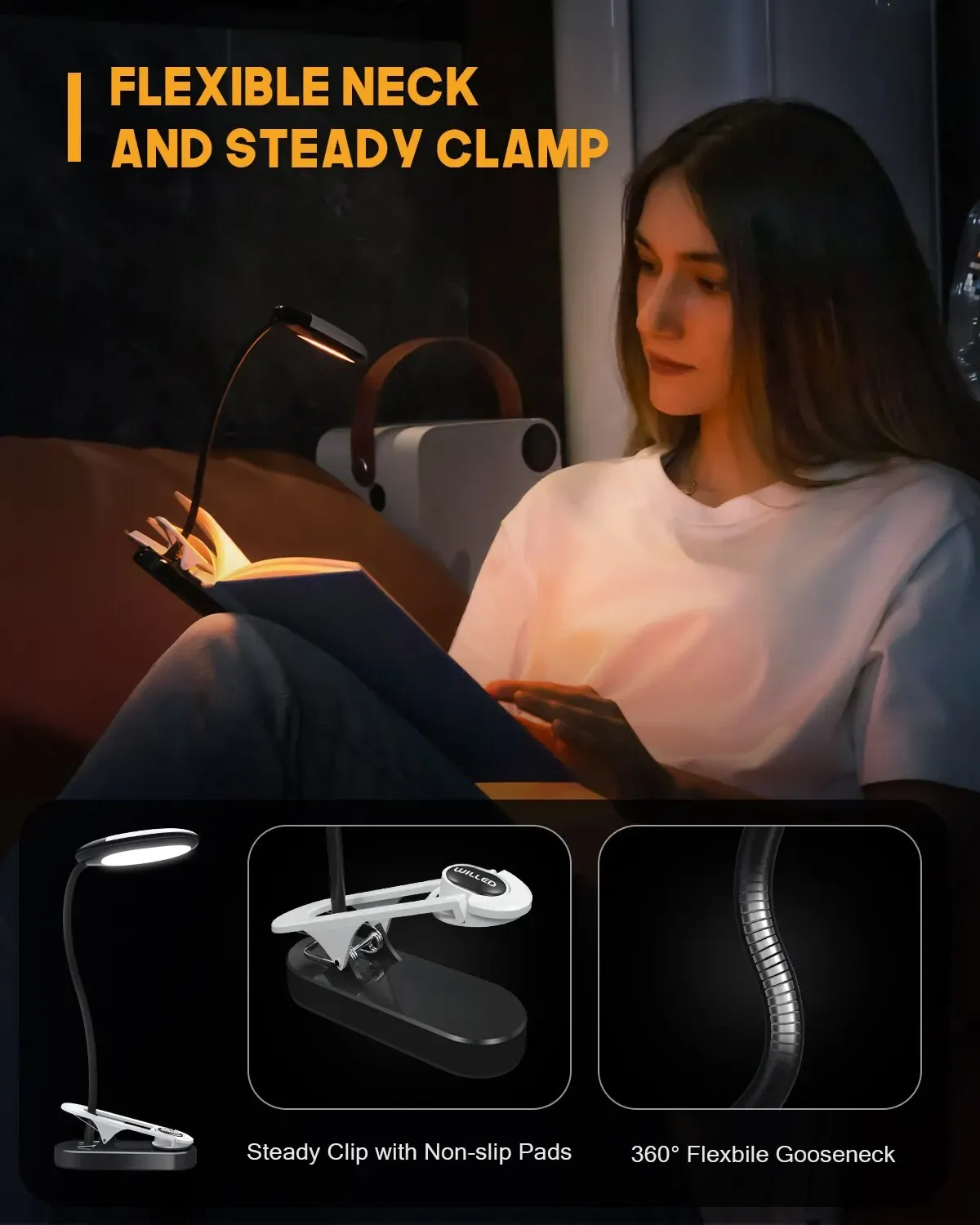 Mini lampe de lecture LED à pince, 3 couleurs, 5 niveaux de luminosité, fonctionnement sur batterie, col flexible, lampe de chevet pour le lit 6