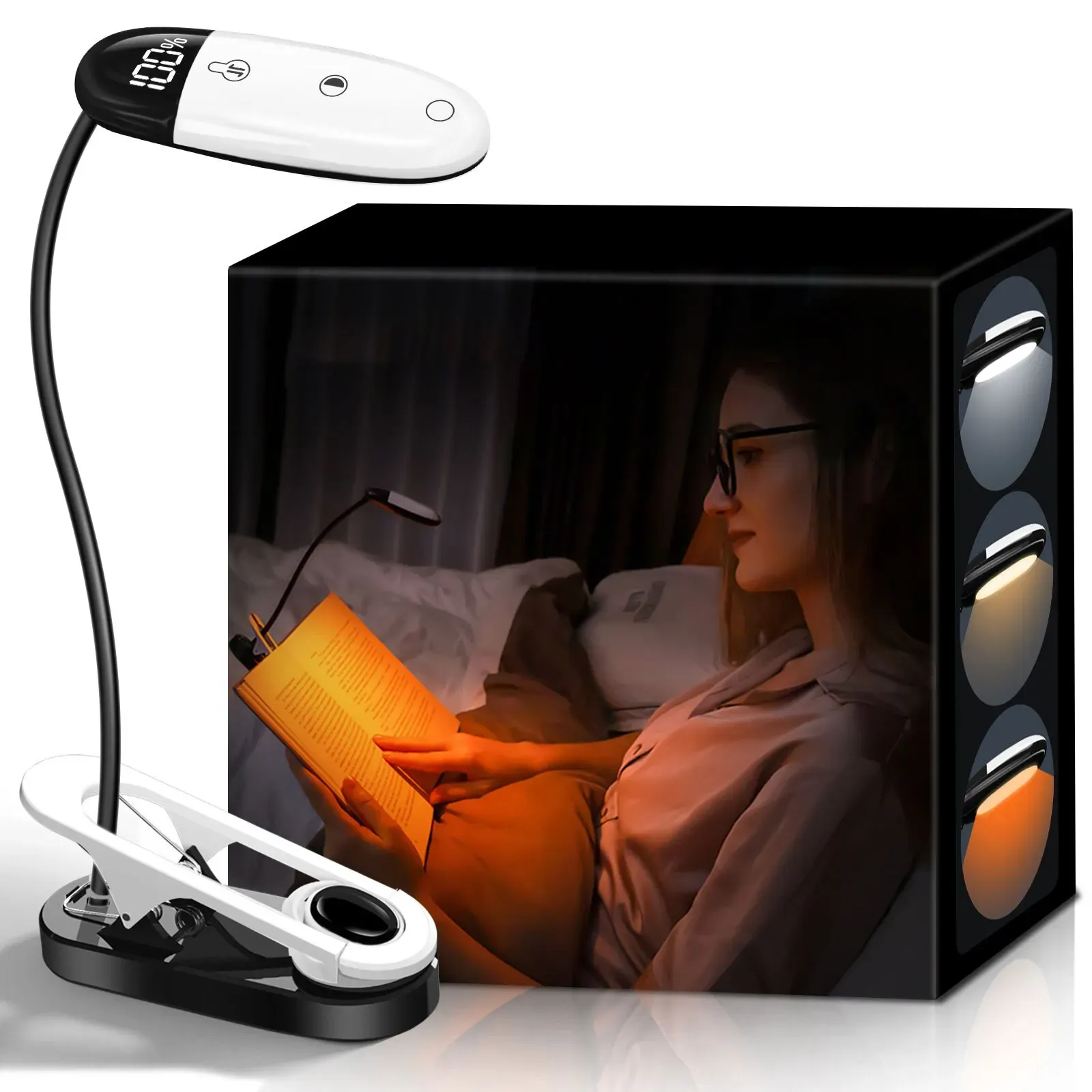 Mini lampe de lecture LED à pince, 3 couleurs, 5 niveaux de luminosité, fonctionnement sur batterie, col flexible, lampe de chevet pour le lit 7