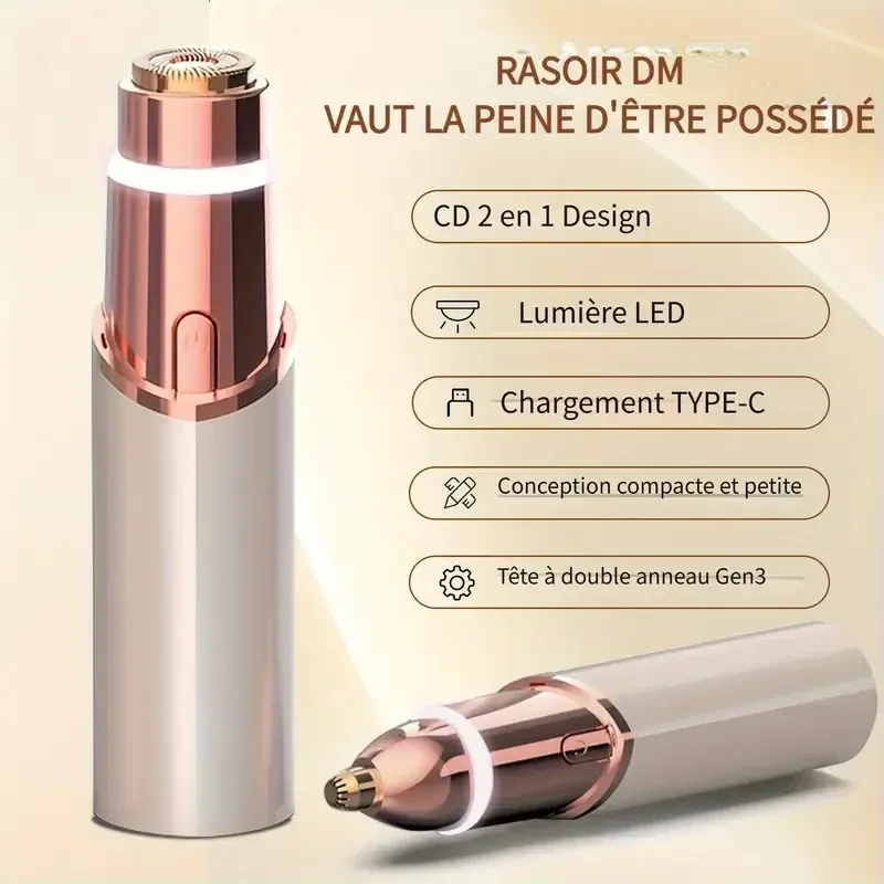 Tondeuse 2-en-1 visage et sourcils rechargeable, rasoir facial indolore pour le visage, les lèvres et le corps 3