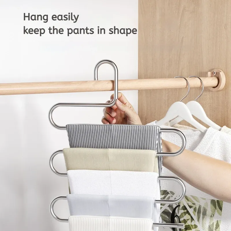Cintres multifonctions à 5 niveaux, porte-pantalons antidérapant, support en tissu avec plusieurs fonctions de suspension et de rangement 3