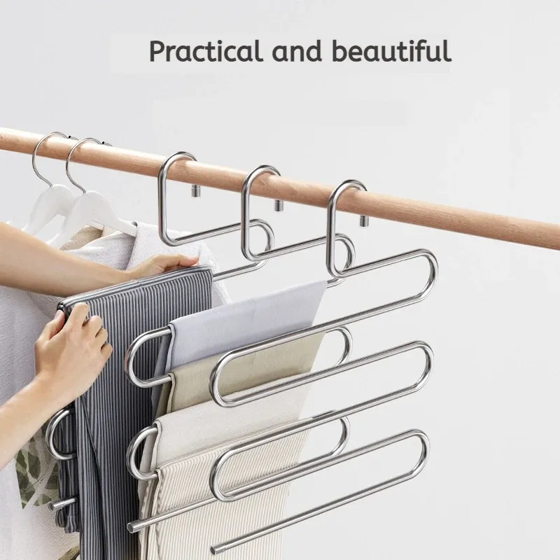 Cintres multifonctions à 5 niveaux, porte-pantalons antidérapant, support en tissu avec plusieurs fonctions de suspension et de rangement 4