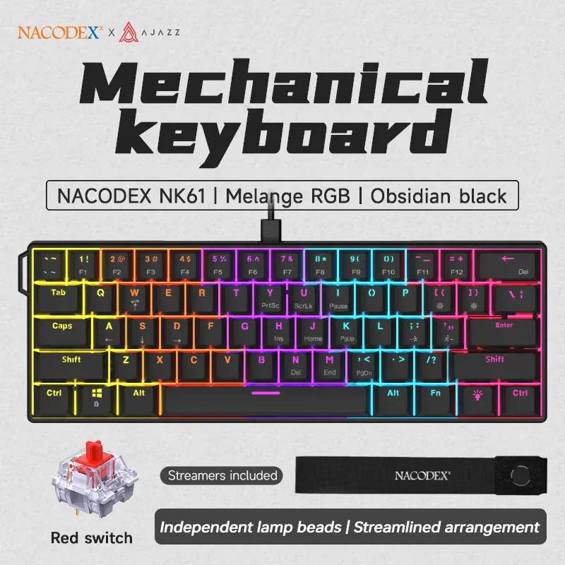 Clavier mécanique filaire AJAZZ NK61 60 % RVB, 61 touches, switchs rouges interchangeables à chaud, format compact 9