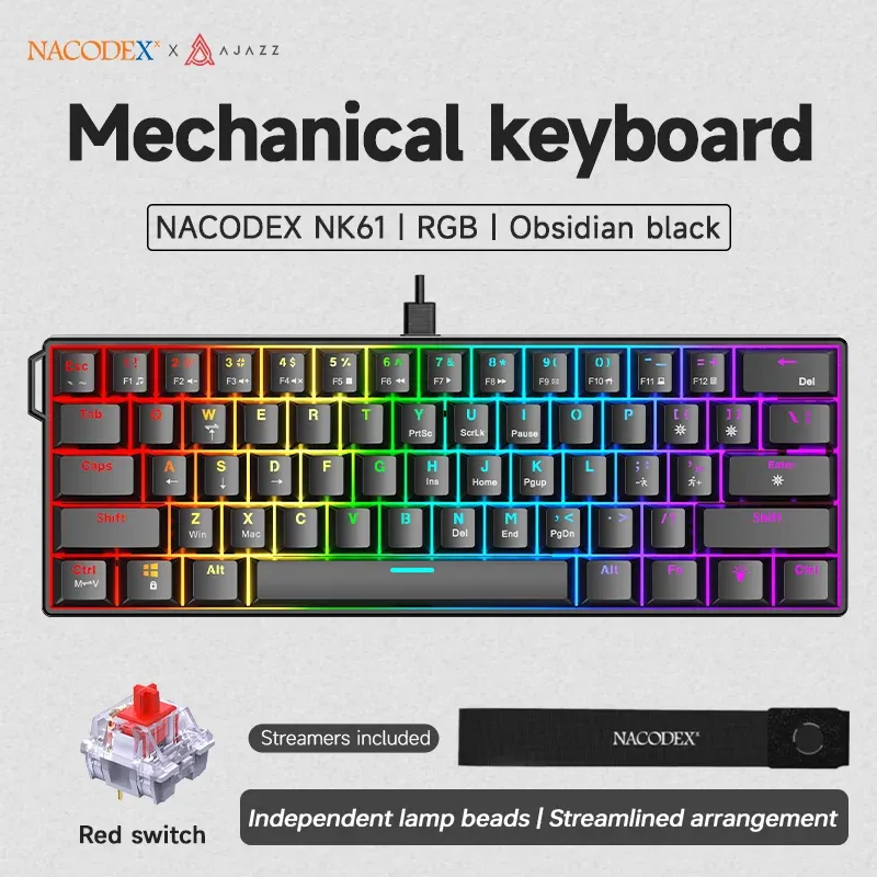 Clavier mécanique filaire AJAZZ NK61 60 % RVB, 61 touches, switchs rouges interchangeables à chaud, format compact 12