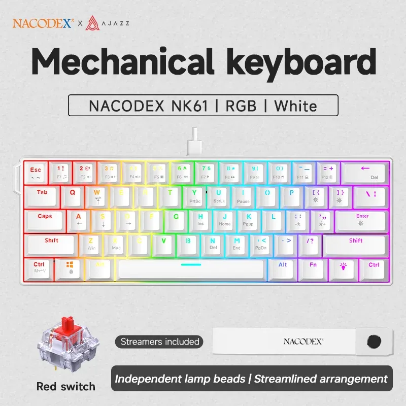 Clavier mécanique filaire AJAZZ NK61 60 % RVB, 61 touches, switchs rouges interchangeables à chaud, format compact 11