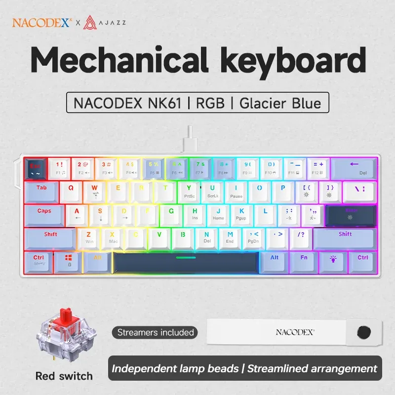 Clavier mécanique filaire AJAZZ NK61 60 % RVB, 61 touches, switchs rouges interchangeables à chaud, format compact 10
