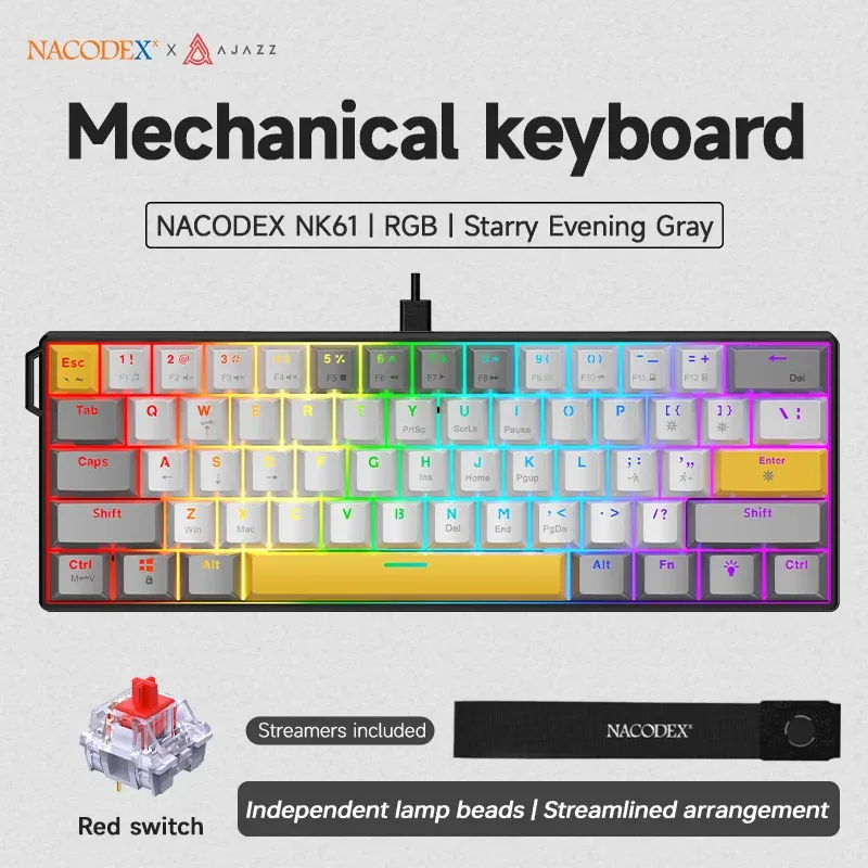 Clavier mécanique filaire AJAZZ NK61 60 % RVB, 61 touches, switchs rouges interchangeables à chaud, format compact 8