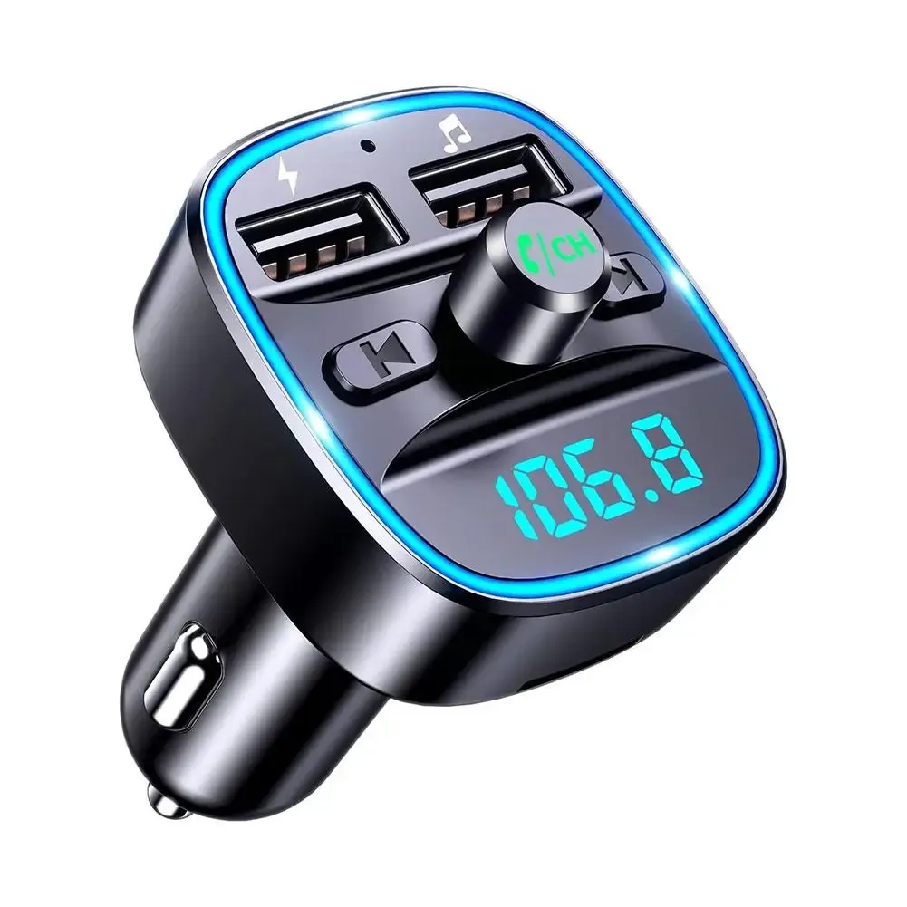 Adaptateur Bluetooth 5.0 pour voiture avec double port USB, kit mains libres, éclairage LED bleu, charge rapide et transmetteur FM 1