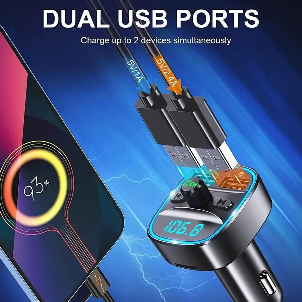 Adaptateur Bluetooth 5.0 pour voiture avec double port USB, kit mains libres, éclairage LED bleu, charge rapide et transmetteur FM 3