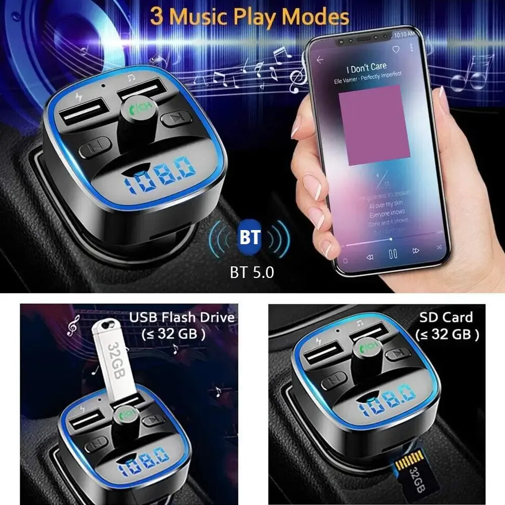 Adaptateur Bluetooth 5.0 pour voiture avec double port USB, kit mains libres, éclairage LED bleu, charge rapide et transmetteur FM 5