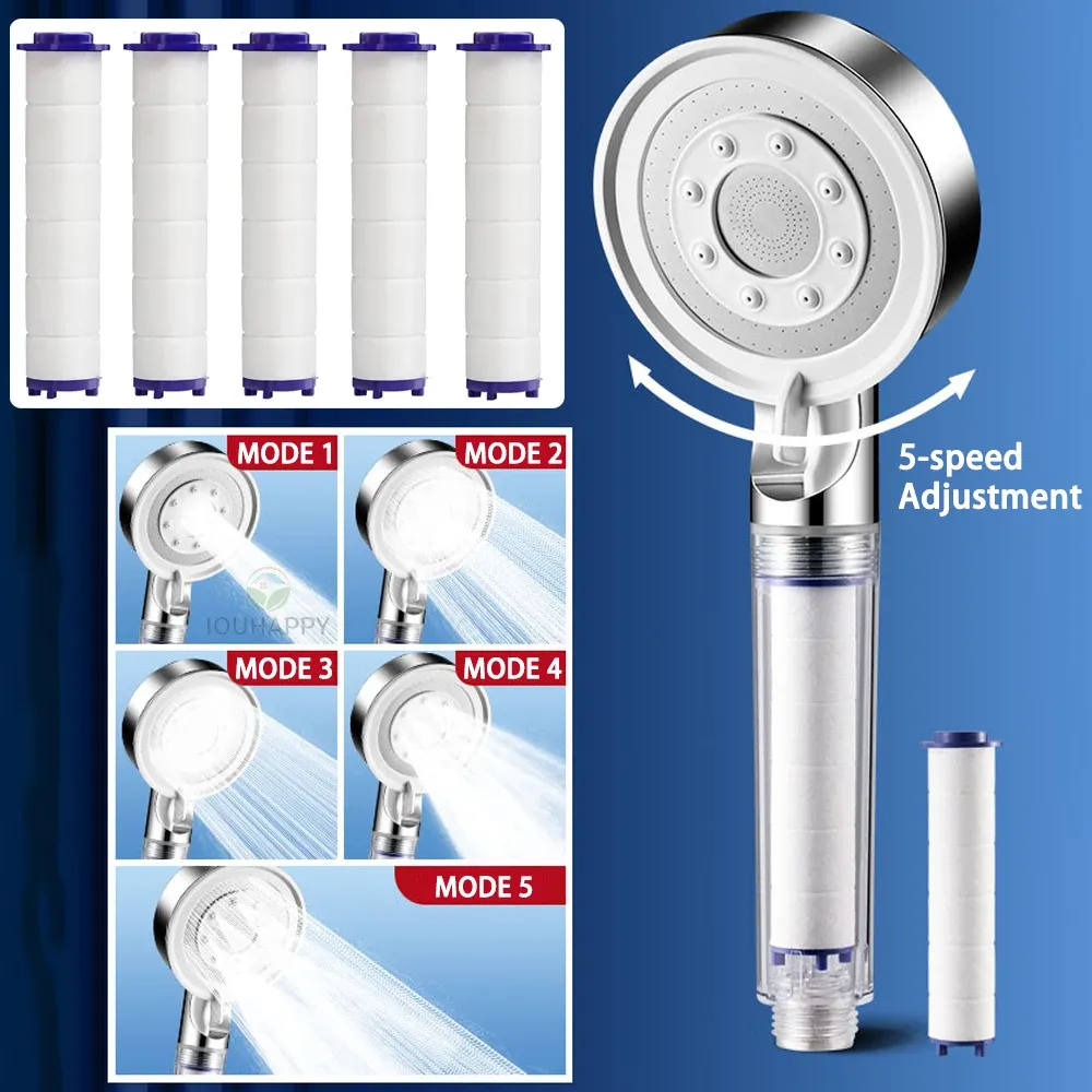Pommeau de douche haute pression avec 5 modes de jet, réglable, avec filtre et grand débit d'eau, accessoires de salle de bain à pulvérisation - Image 1