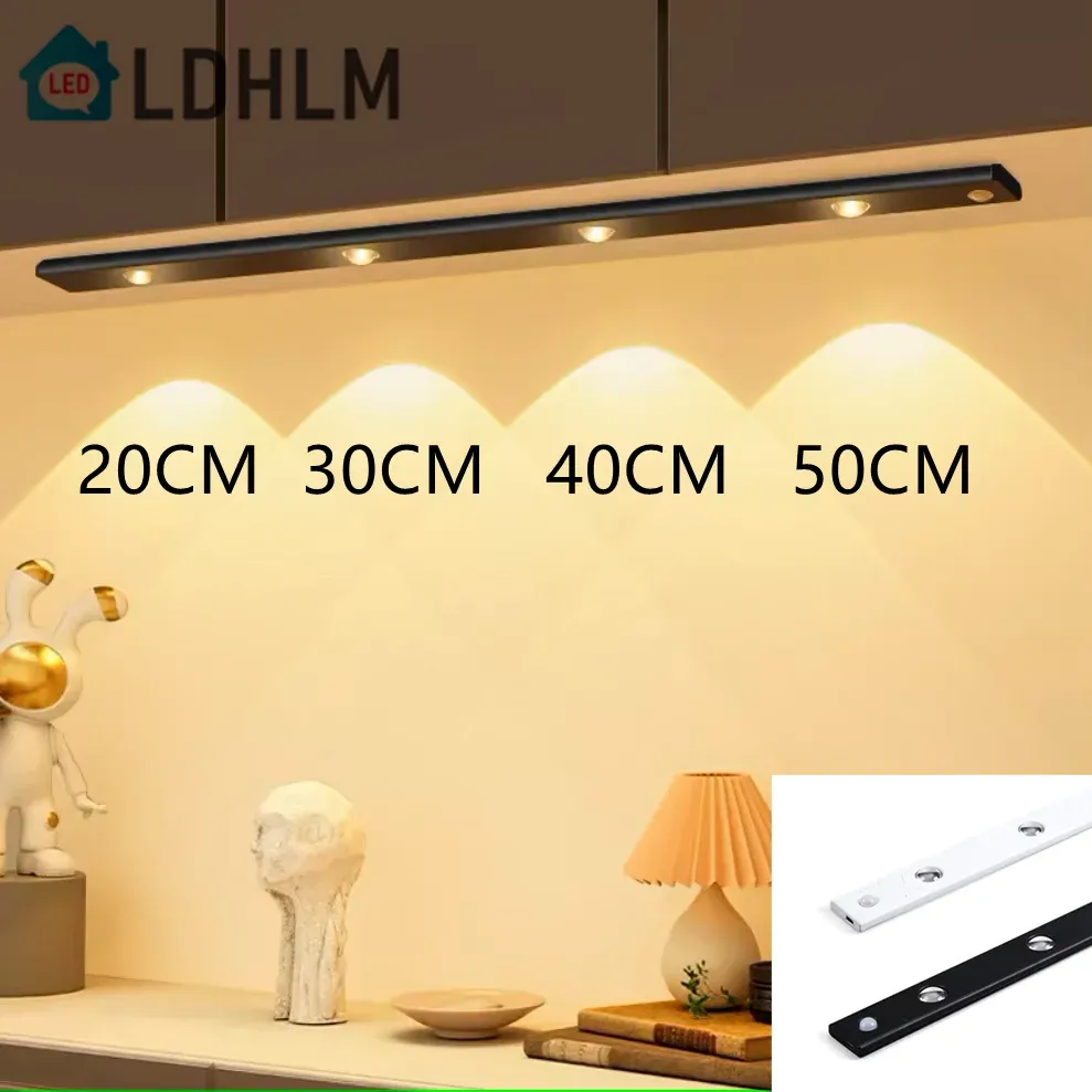 Veilleuse LED 3 couleurs à intensité variable avec capteur de mouvement pour cuisine et placard, éclairage 20 cm / 30 cm / 40 cm / 50 cm, lampe USB rechargeable - Image 1