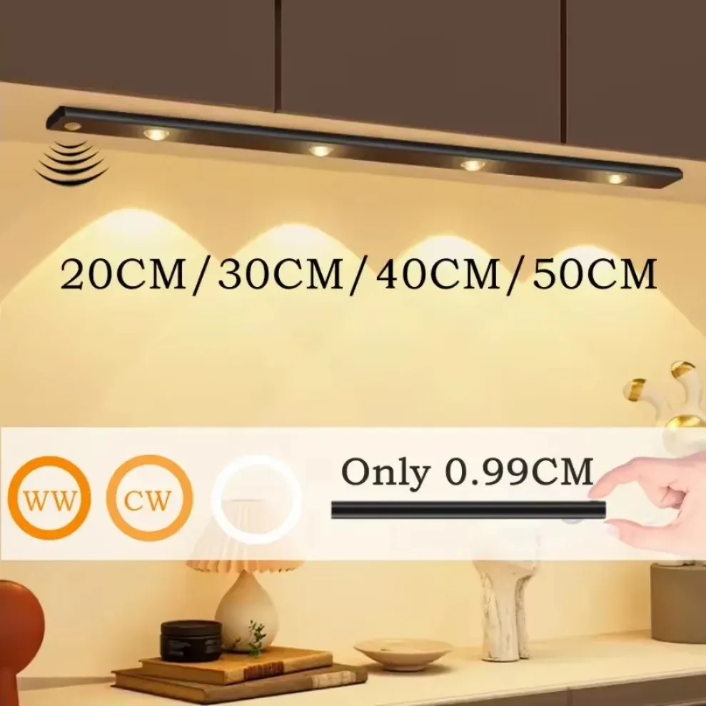 Veilleuse LED 3 couleurs à intensité variable avec capteur de mouvement pour cuisine et placard, éclairage 20 cm / 30 cm / 40 cm / 50 cm, lampe USB rechargeable 5
