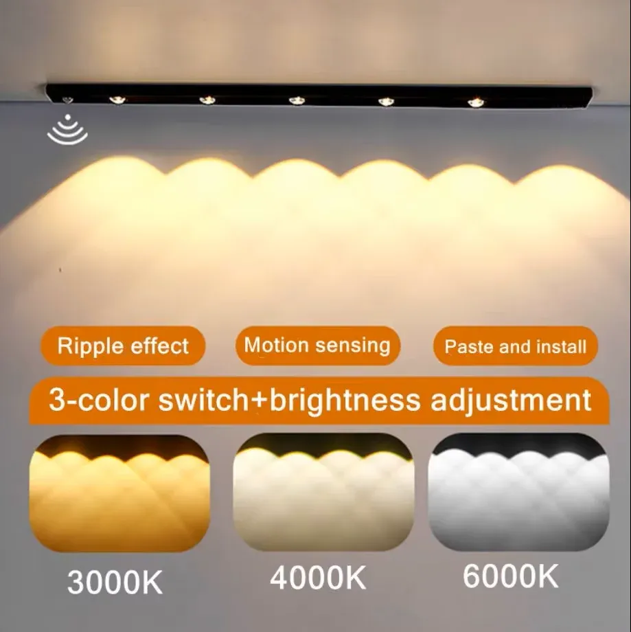 Veilleuse LED 3 couleurs à intensité variable avec capteur de mouvement pour cuisine et placard, éclairage 20 cm / 30 cm / 40 cm / 50 cm, lampe USB rechargeable 16