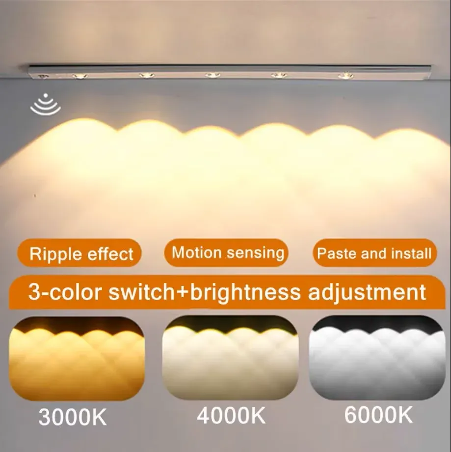 Veilleuse LED 3 couleurs à intensité variable avec capteur de mouvement pour cuisine et placard, éclairage 20 cm / 30 cm / 40 cm / 50 cm, lampe USB rechargeable 15