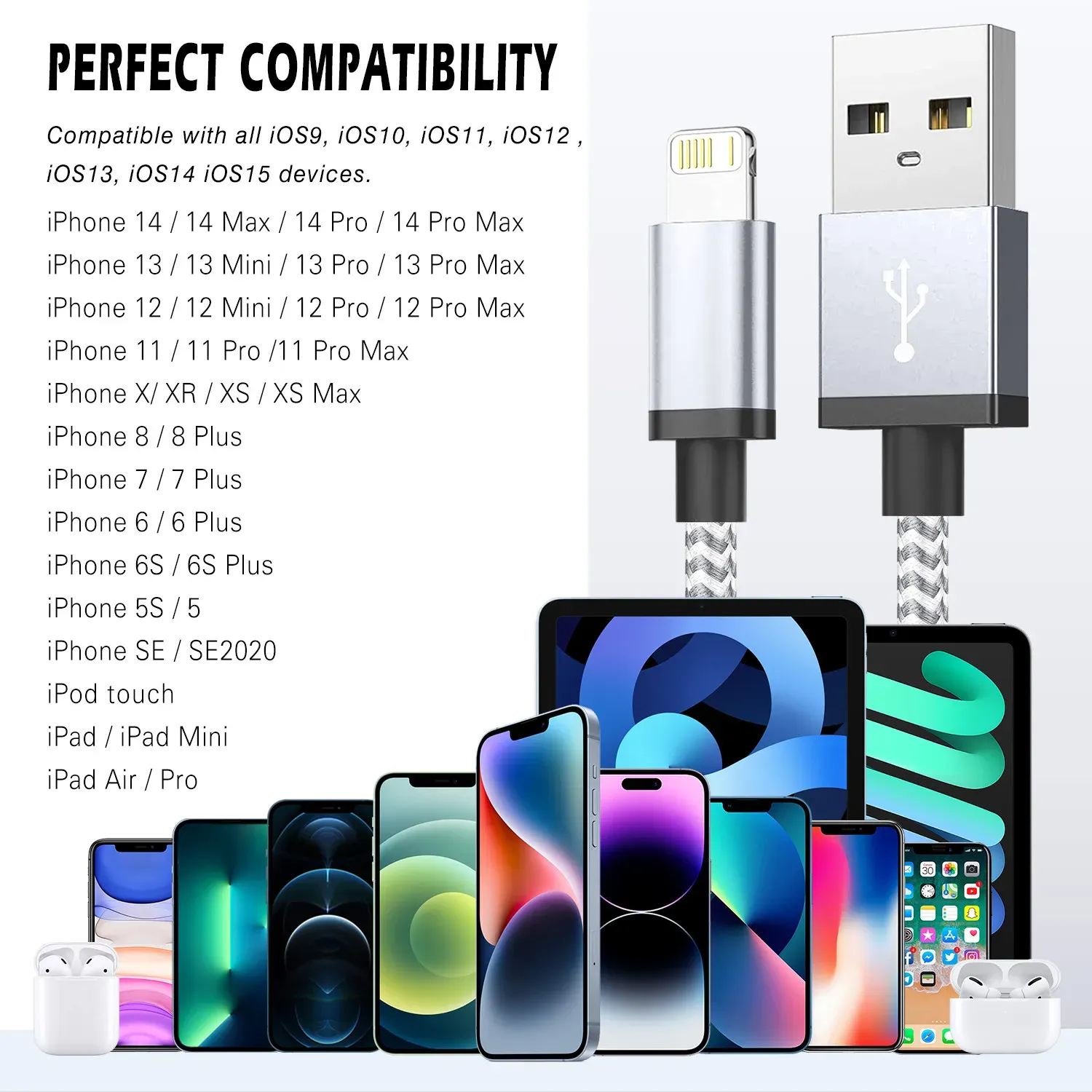 Câble de chargeur USB à charge rapide pour iPhone 14, 13, 12, 11, XS Max, XR, X, 8, 7, 6 Plus, compatible iPad, câble de données long pour téléphone portable, 1 m, 2 m, 3 m 6