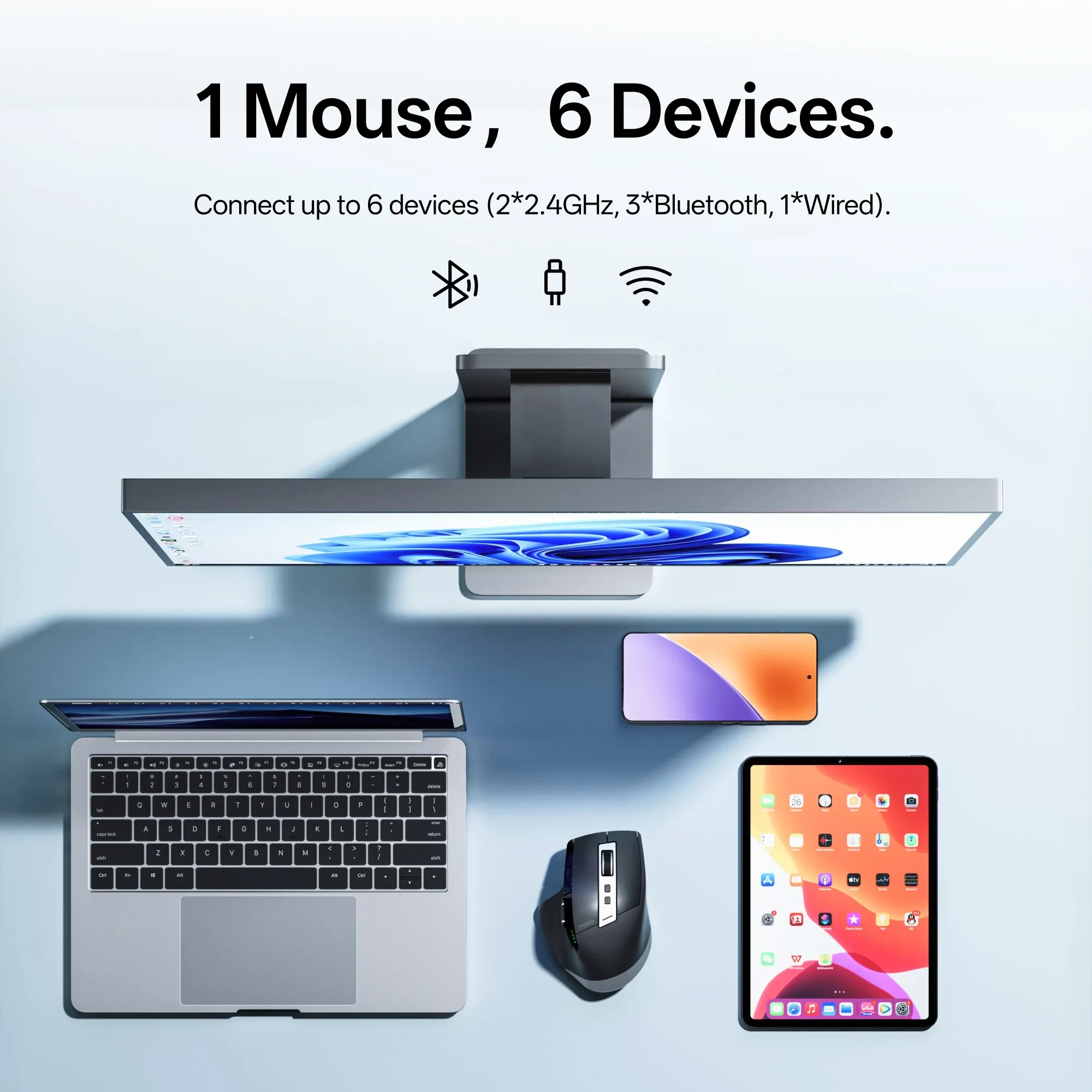 Souris sans fil ergonomique Rapoo MT710L, rechargeable, multimode, 4000 DPI, Bluetooth, commutation facile jusqu'à 4 appareils 2
