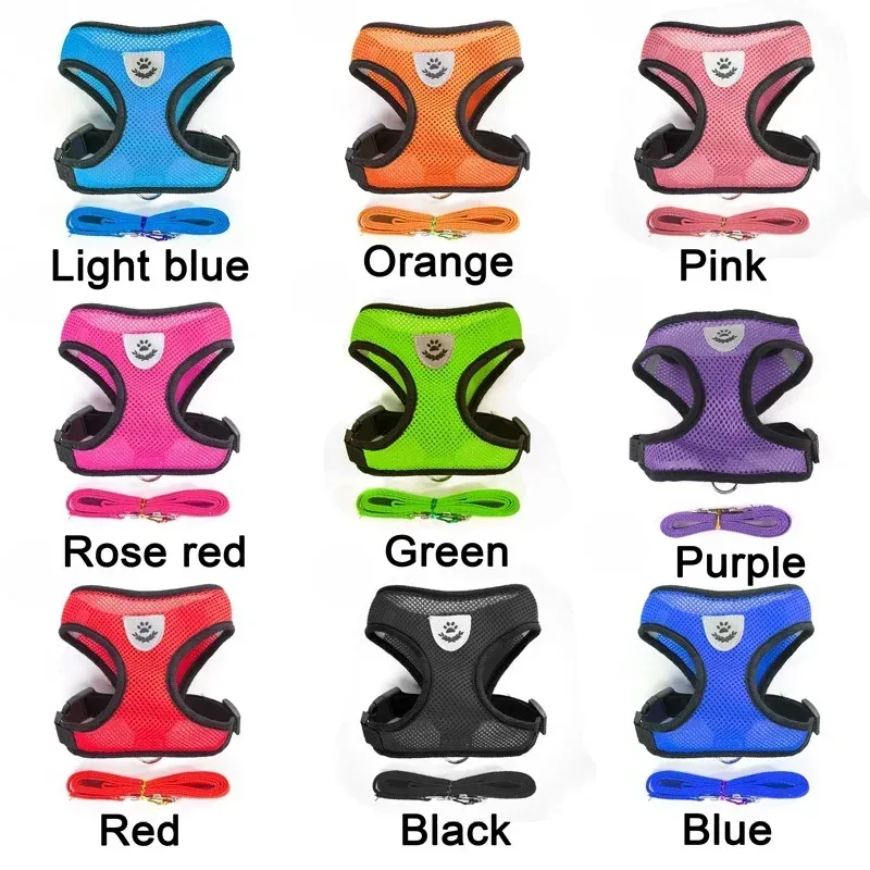 Harnais réglable en maille de polyester doux et respirant pour chiens et chats, avec laisse de promenade 2