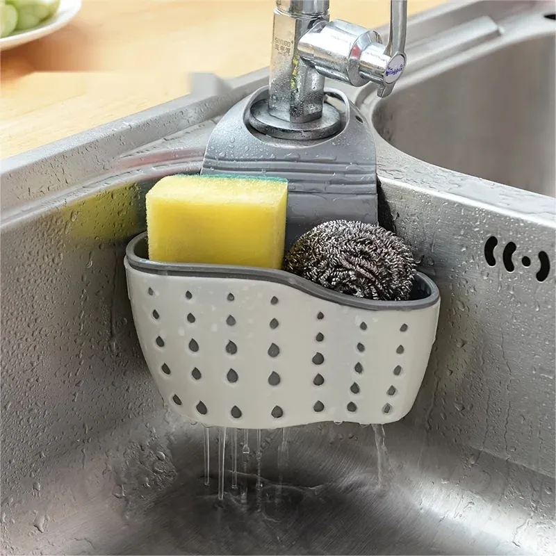 Support d'éponge réglable pour évier avec panier de drainage suspendu - Accessoire d'organisation de cuisine - Image 1