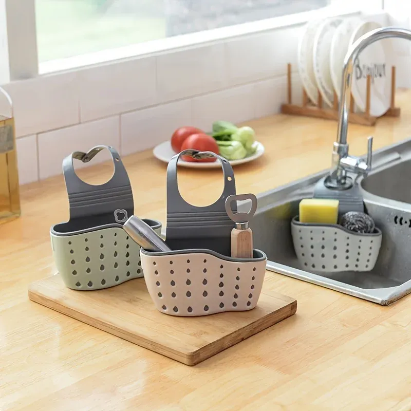 Support d'éponge réglable pour évier avec panier de drainage suspendu - Accessoire d'organisation de cuisine 4