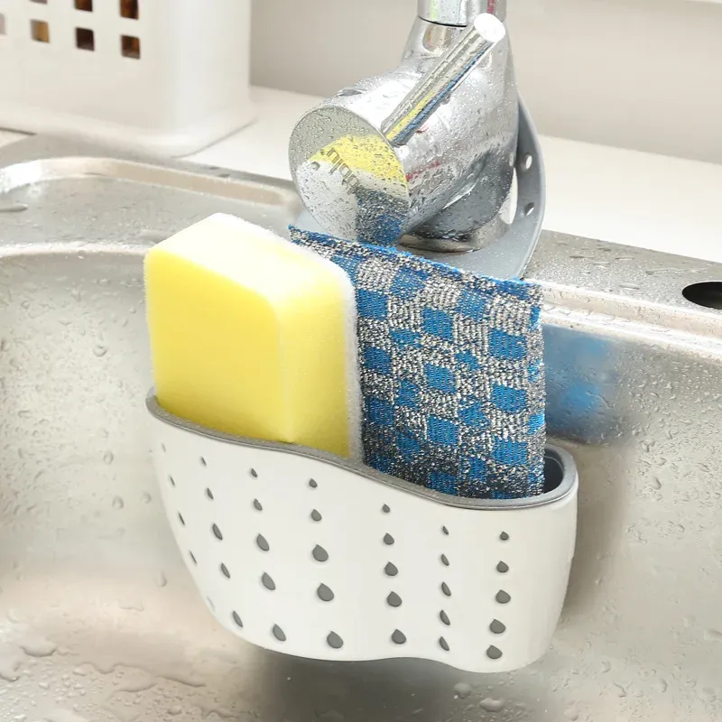 Support d'éponge réglable pour évier avec panier de drainage suspendu - Accessoire d'organisation de cuisine 5