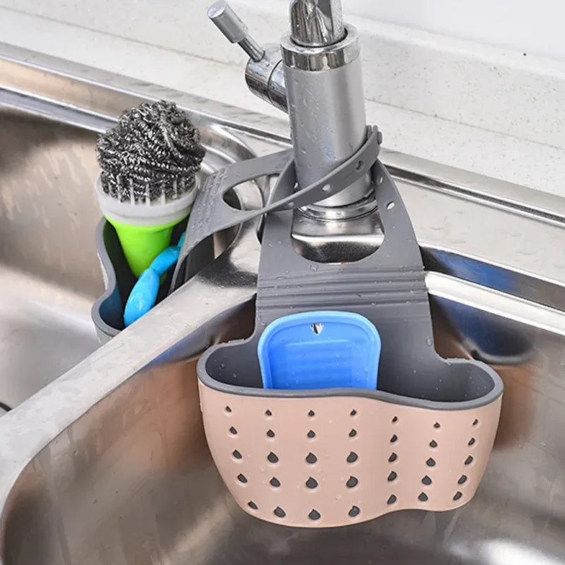 Support d'éponge réglable pour évier avec panier de drainage suspendu - Accessoire d'organisation de cuisine 9