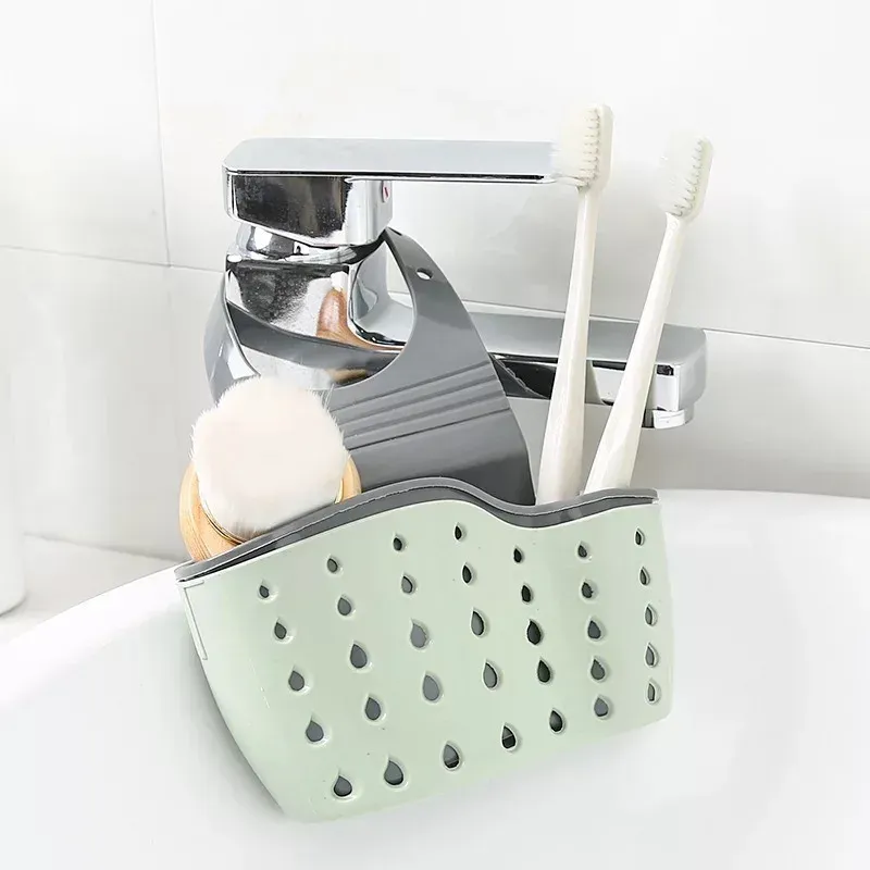 Support d'éponge réglable pour évier avec panier de drainage suspendu - Accessoire d'organisation de cuisine 8