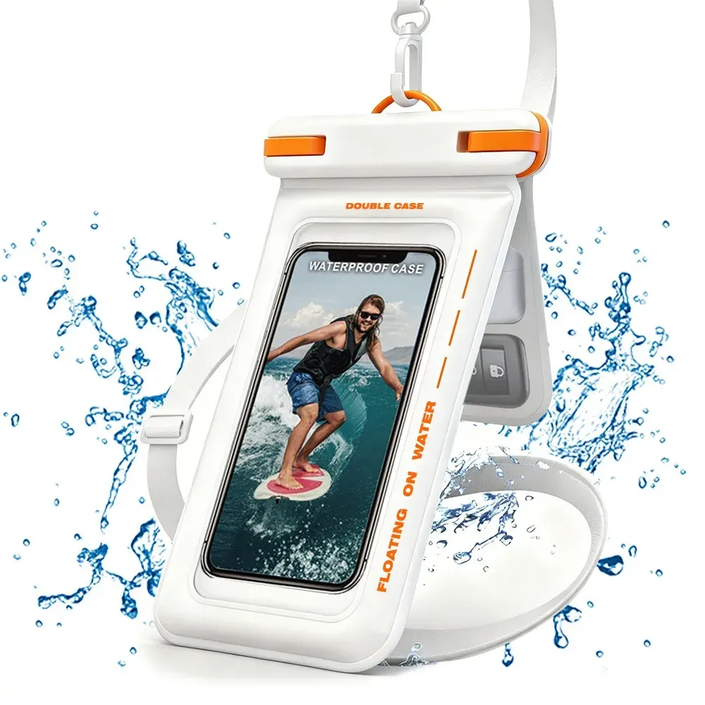 Pochette étanche flottante IPX8 pour téléphone, compatible écran tactile, avec lanière et 2 poches, pour la natation