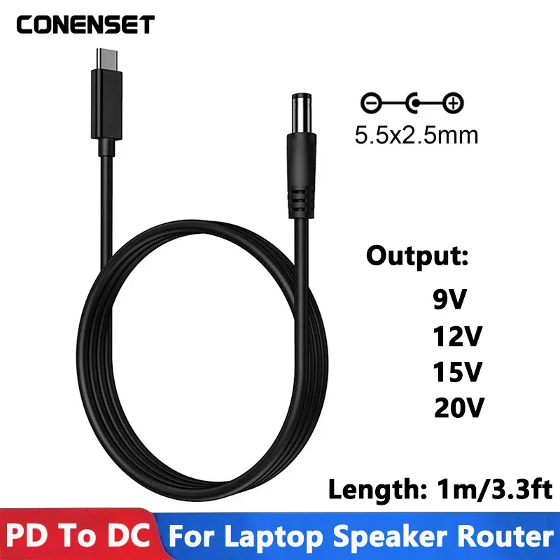 Câble d'alimentation CC vers USB-C PD 9 V, 12 V, 15 V, 20 V, 5,5 x 2,1 mm, 2,5 pour routeur, ordinateur portable, bande LED, haut-parleur et caméra de surveillance