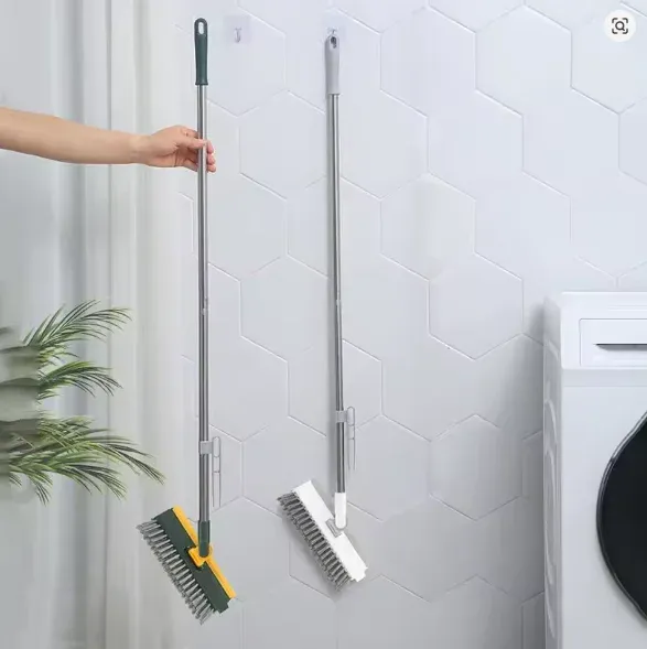 Brosse de nettoyage rotative pour sols avec manche long, brosse à joints et brosse en V à poils rigides avec raclette 2
