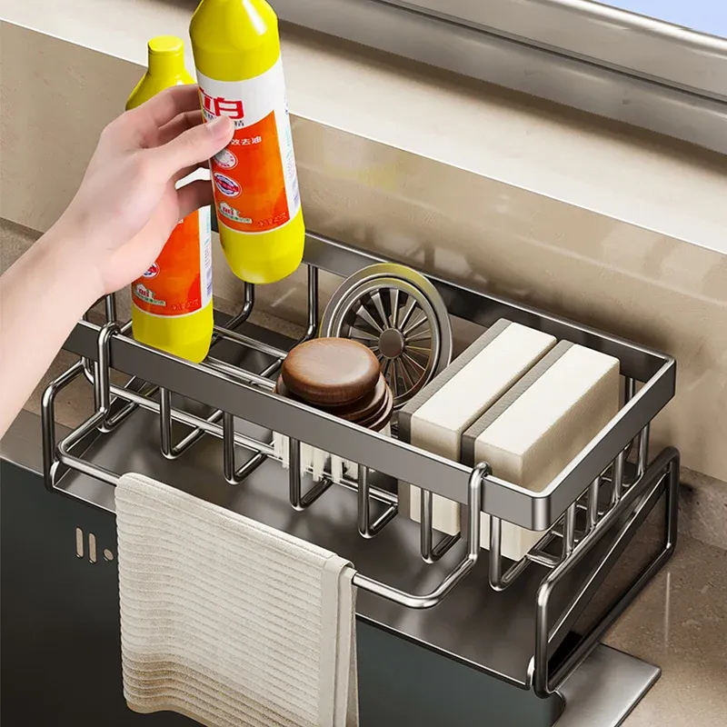 Support de rangement pour outils de nettoyage d'évier, organisateur de cuisine pour éponges et chiffons 2