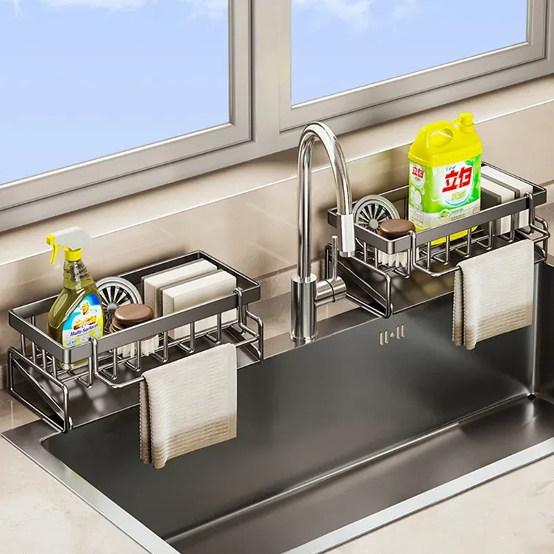 Support de rangement pour outils de nettoyage d'évier, organisateur de cuisine pour éponges et chiffons 3