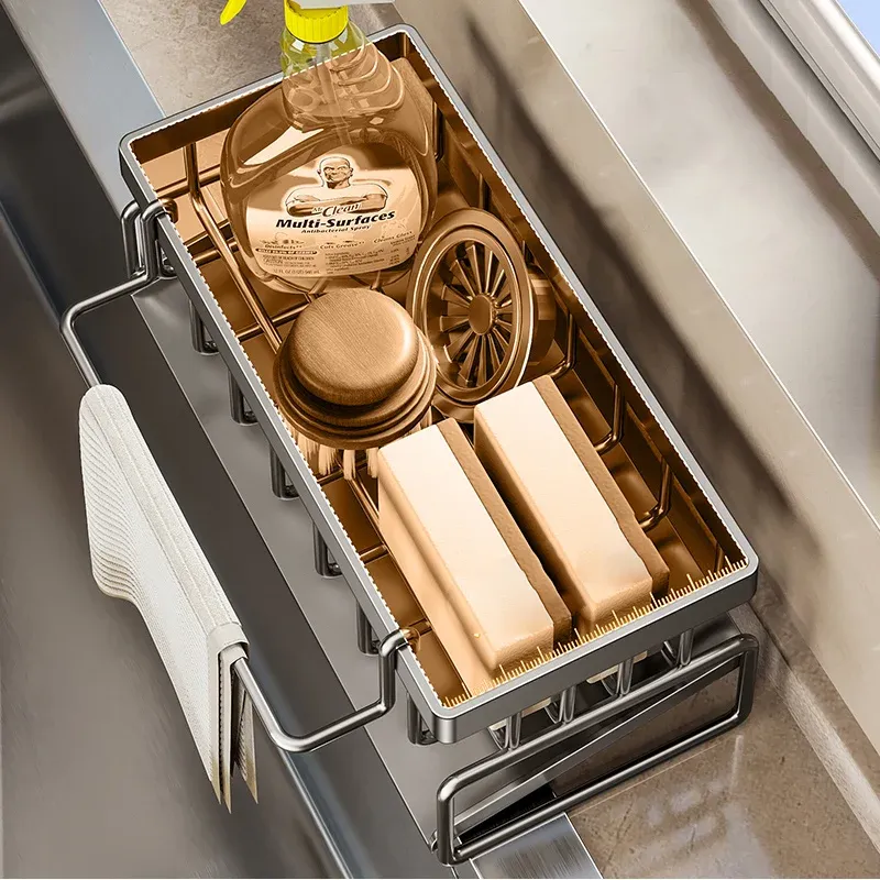 Support de rangement pour outils de nettoyage d'évier, organisateur de cuisine pour éponges et chiffons 4