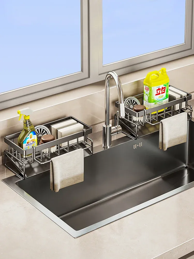 Support de rangement pour outils de nettoyage d'évier, organisateur de cuisine pour éponges et chiffons 6