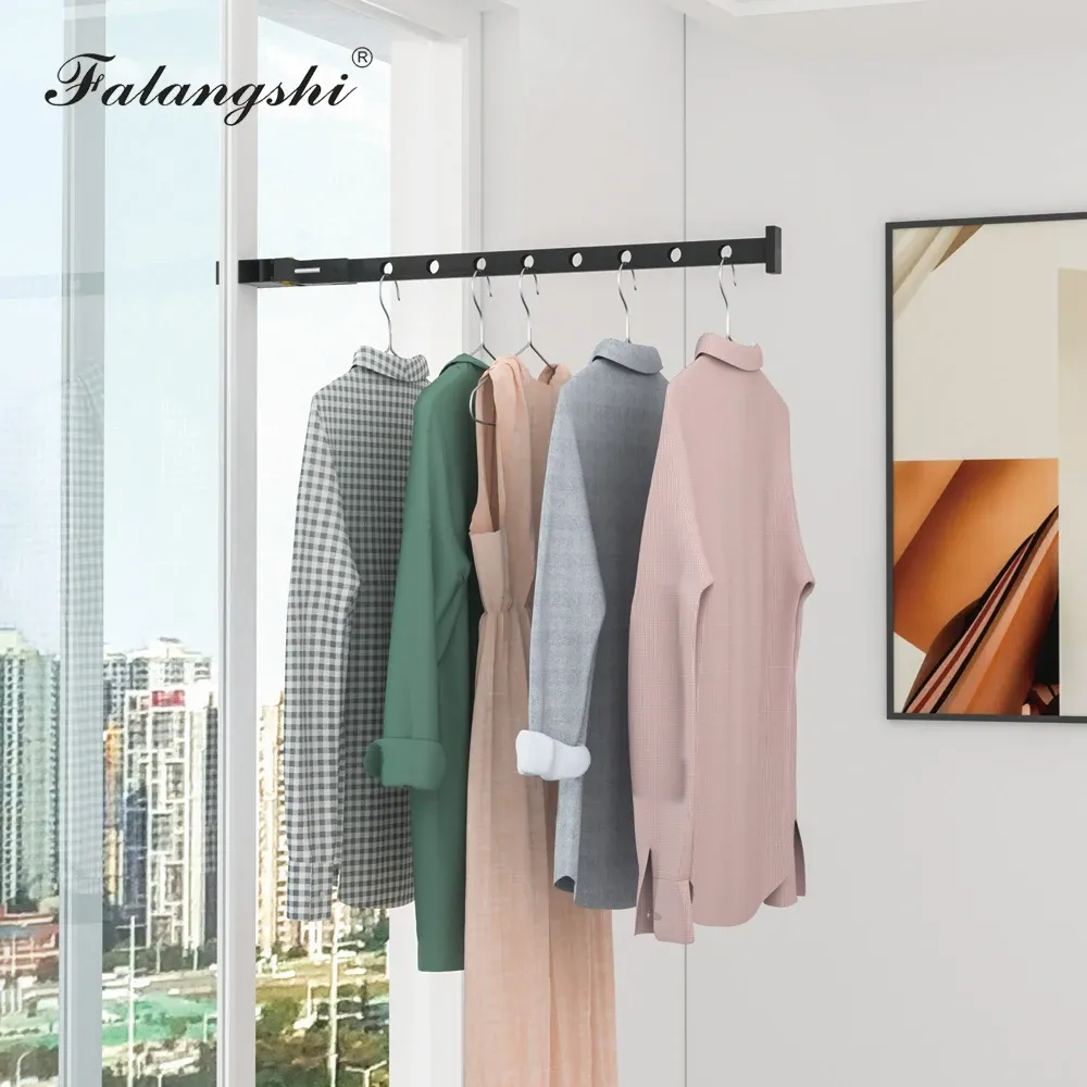 Porte-vêtements pliable noir en aluminium avec cintres muraux et support de séchage, organisation des vêtements WB3024 2