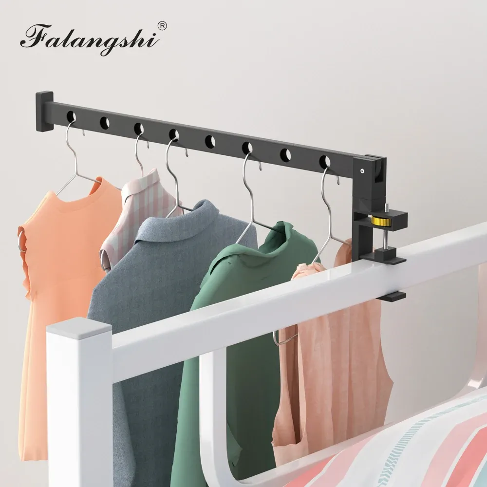 Porte-vêtements pliable noir en aluminium avec cintres muraux et support de séchage, organisation des vêtements WB3024 4