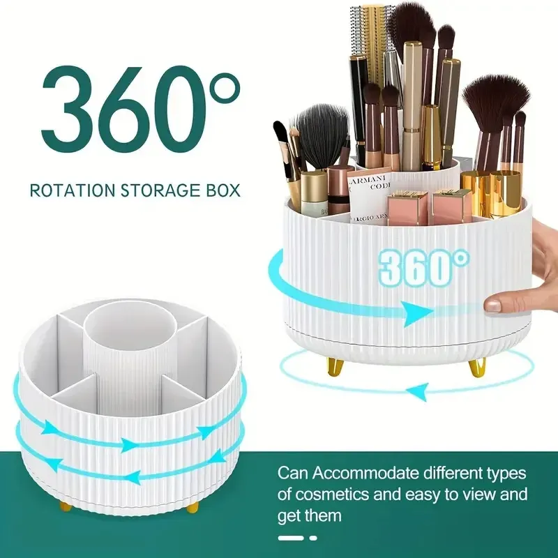 Organisateur de maquillage rotatif à 360 °, support de rangement pour cosmétiques avec 5 compartiments, support multifonctionnel pour pinceaux et stylos 2
