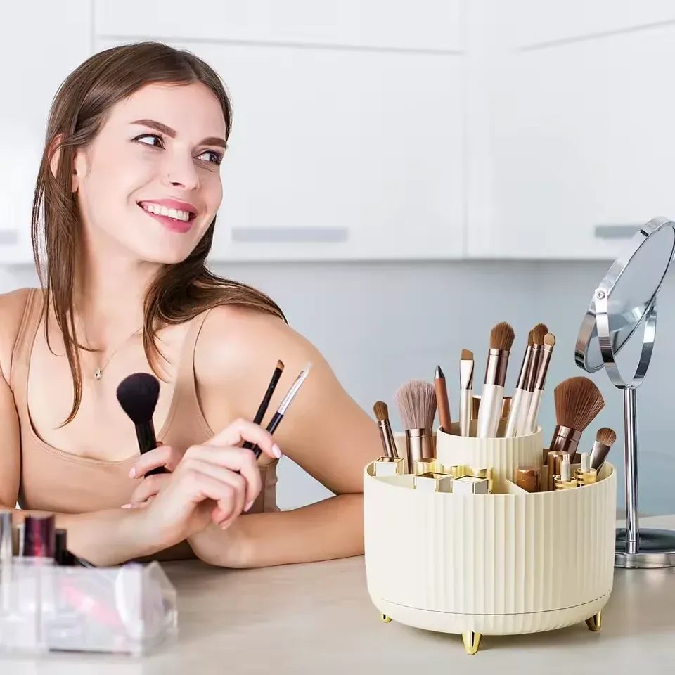 Organisateur de maquillage rotatif à 360 °, support de rangement pour cosmétiques avec 5 compartiments, support multifonctionnel pour pinceaux et stylos 6