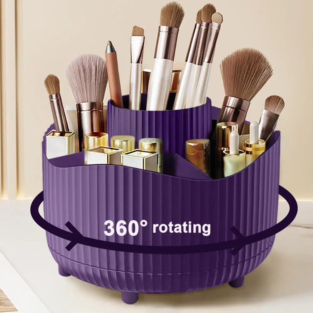 Organisateur de maquillage rotatif à 360 °, support de rangement pour cosmétiques avec 5 compartiments, support multifonctionnel pour pinceaux et stylos 7