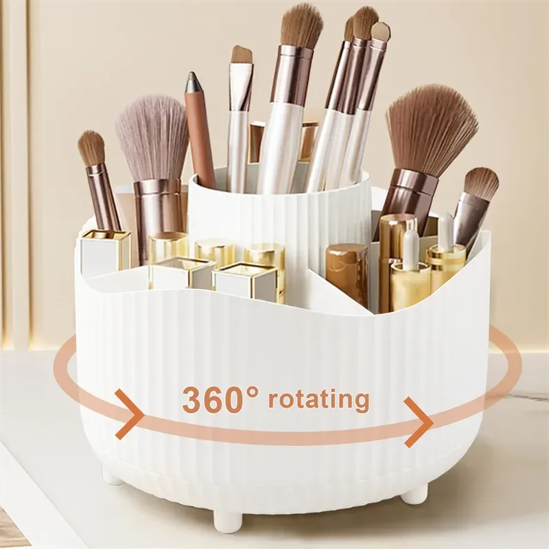 Organisateur de maquillage rotatif à 360 °, support de rangement pour cosmétiques avec 5 compartiments, support multifonctionnel pour pinceaux et stylos 9