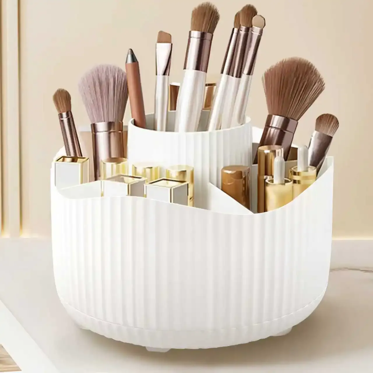 Organisateur de maquillage rotatif à 360 °, support de rangement pour cosmétiques avec 5 compartiments, support multifonctionnel pour pinceaux et stylos 13